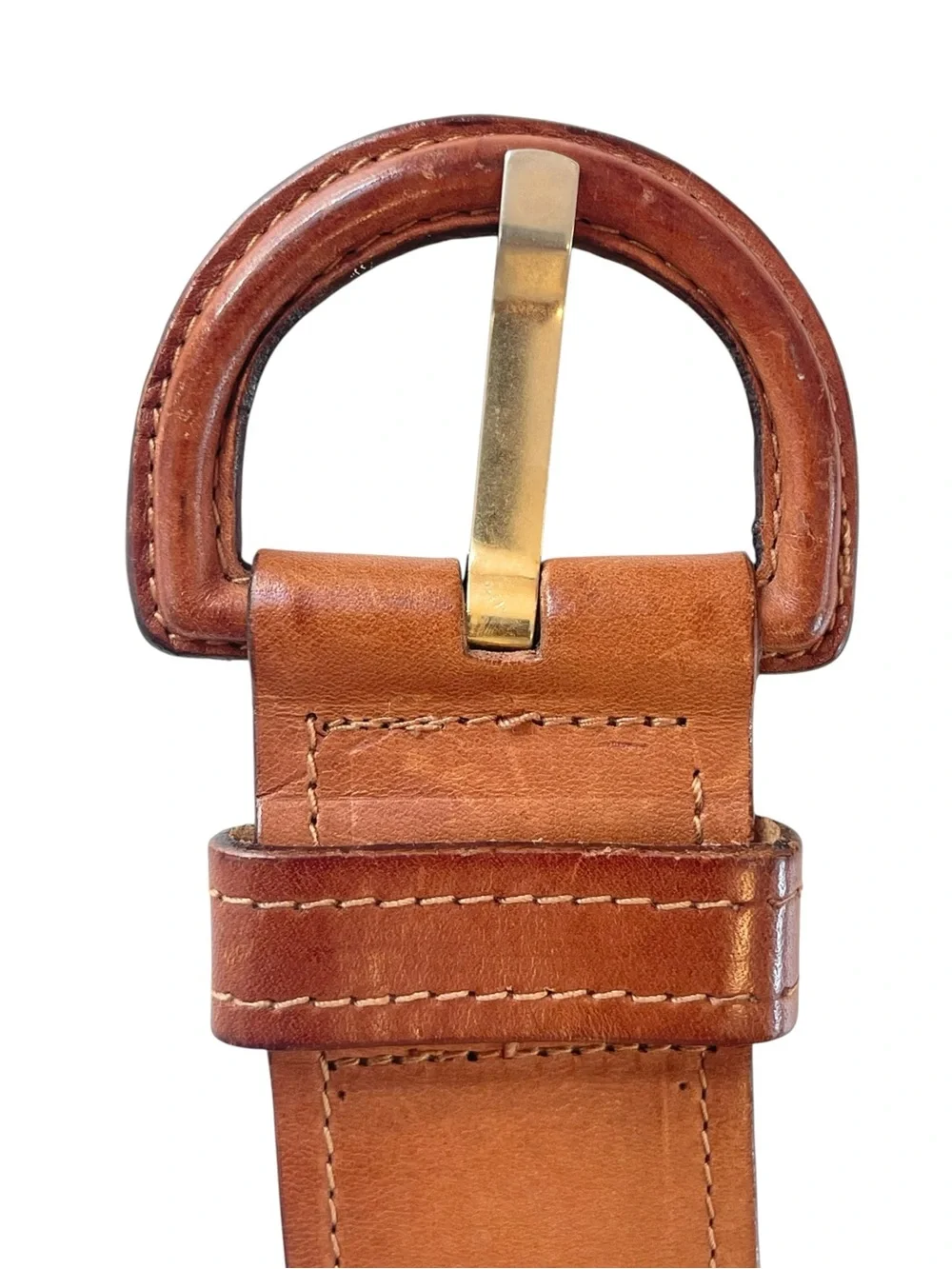 Cognac Brown Leather Wide Waist Belt Oversized D Buckle Size M